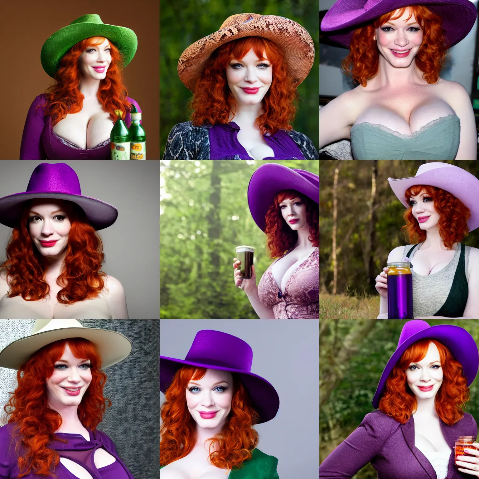 Prompt: average photo of 25 year Christina Hendricks wearing purple green cowboy hat and drinking snake oil bull run stimulant tonic formula, 8k