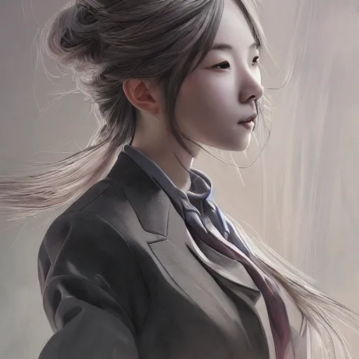 Image similar to dynamic composition, motion, ultra-detailed, incredibly detailed, a lot of details, amazing fine details and brush strokes, colorful and grayish palette, smooth, HD semirealistic anime CG concept art digital painting, watercolor oil painting of a young office lady, by a Chinese artist at ArtStation, by Huang Guangjian, Fenghua Zhong, Ruan Jia, Xin Jin and Wei Chang. Realistic artwork of a Chinese videogame, gradients, gentle an harmonic grayish colors.