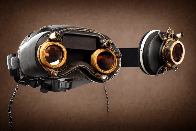 Image similar to a high quality product photography photoshoot of steampunk virtual reality goggles