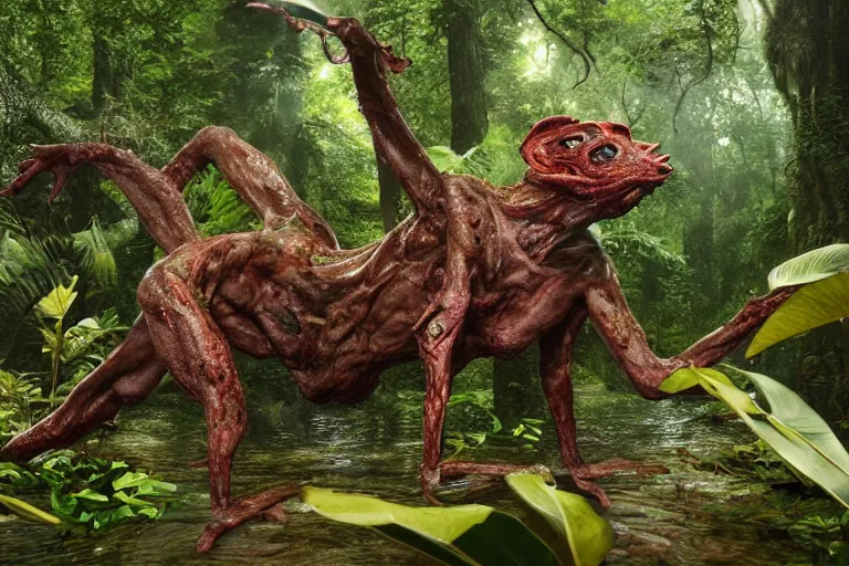 Prompt: A hyper realistic ultra realistic flesh rainforest body horror by Brandon Hughes , detailed, photorealistic imagery, 8k quality