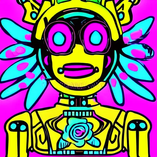 Prompt: robot wearing a crown of flowers neon colors flowerpunk