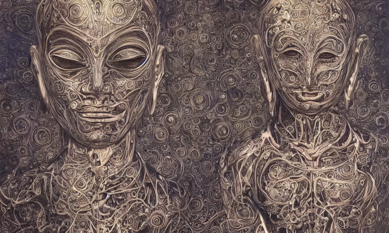 Prompt: perfectly a biomechanical android alien robot female buddha with, flowing hair, intense stare, sarcastic smile, teaching humans on enlightenment, concept art, intricate detail, volumetric shadows and lighting, oil painting by alex grey and gustave dore,