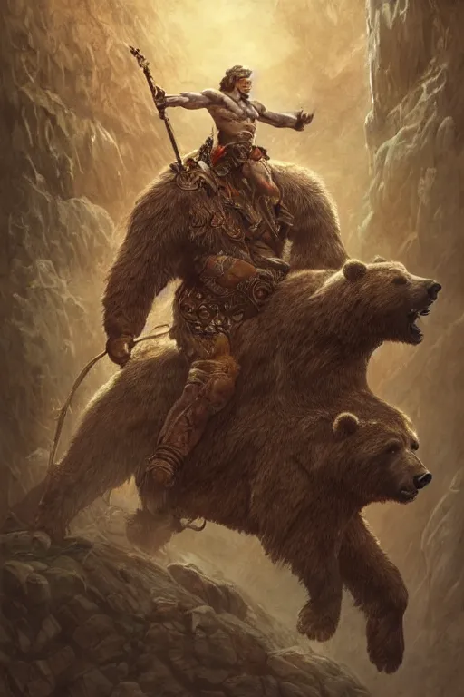 Prompt: Vladimir putin as a ruggedly handsome hero riding a bear, intricate, elegant, highly detailed, centered, digital painting, artstation, concept art, smooth, sharp focus, illustration, art by artgerm and donato giancola and Joseph Christian Leyendecker, Ross Tran, WLOP