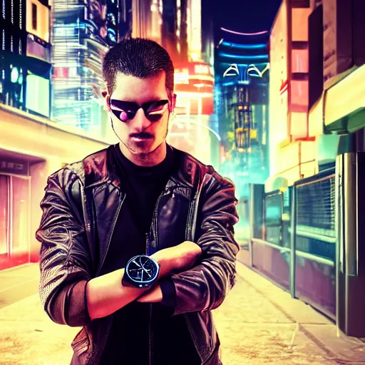 Image similar to cyberpunk men holding a cool watch walking in the middle of a cyberpunk street the background is a cyber street the weather is rainy and foggy photo - realistic