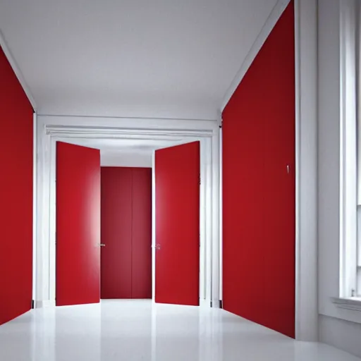 Prompt: a massive empty white room with a red door halway up the wall on the far side, liminal space,