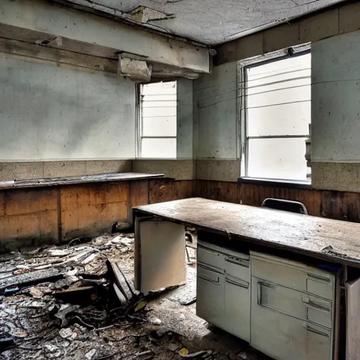 Prompt: HD photo of a 1990s office kitchen, abandoned for centuries, heavily soiled and debris-strewn.