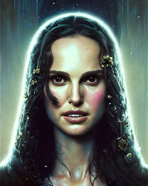 Image similar to a portrait of natalie portman fantasy character portrait, ultra realistic, cinematic, concept art, wide angle, intricate details, hologram, highly detailed by greg rutkowski, aaron horkey, gaston bussiere, craig mullins, simon bisley, arthur rackham