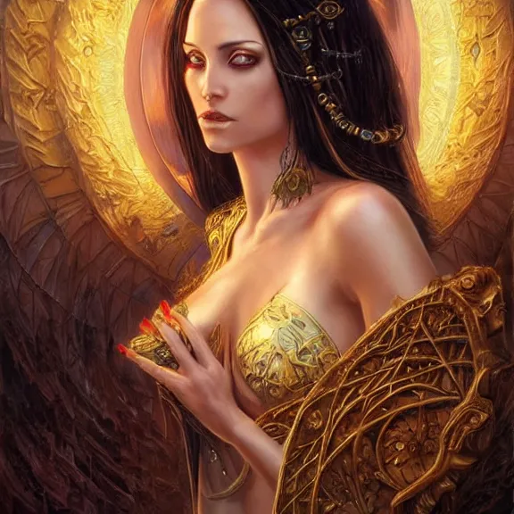 Prompt: a highly detailed painting of a sorceress with piercing beautiful eyes, mystical temple setting, dynamic lighting, ambient lighting, deviantart, art by artgerm and karol bak and mark brooks