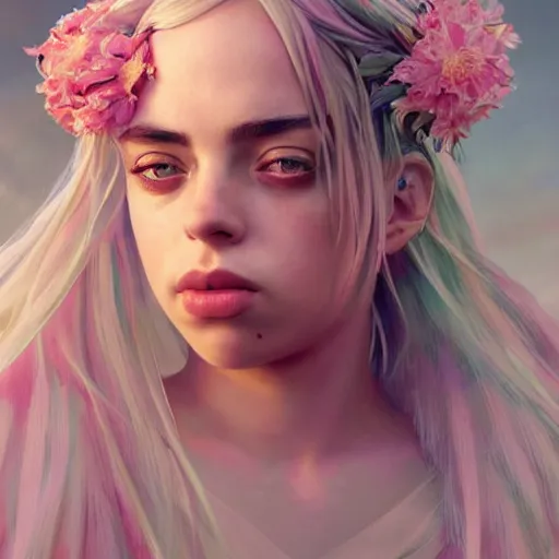 Image similar to billie eilish expressive full body photo, of beautiful angel, smooth glowing skin, ornate headpiece made from pink flowers, glamour shot, by yoshitaka amano, by greg rutkowski, by jeremyg lipkinng, by artgerm, digital art, octane render