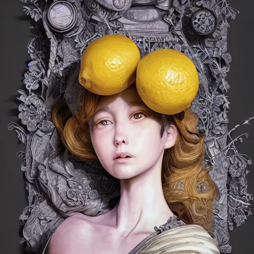 Image similar to the portrait of an absurdly beautiful, graceful, elegant, sophisticated, young girl made up of lemons, an ultrafine hyperdetailed illustration by kim jung gi, irakli nadar, intricate linework, bright colors, octopath traveler, final fantasy, unreal engine 5 highly rendered, global illumination, radiant light, detailed and intricate environment