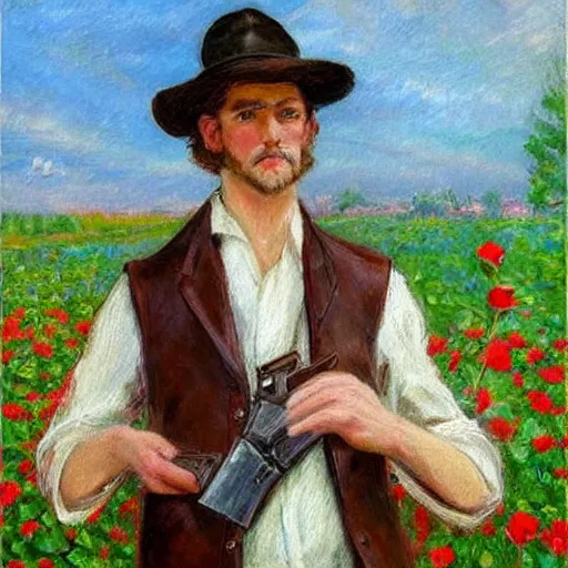 Prompt: an impressionist painting of a tall man with blue eyes and brown hair that is wearing a wide brim leather hat and a leather vest. He is holding a revolver in his left hand and a ((((red rose is in his right hand))))!!!!!!!!!!!, He is standing in a field of roses, Blue sky in the background, trending on artstation