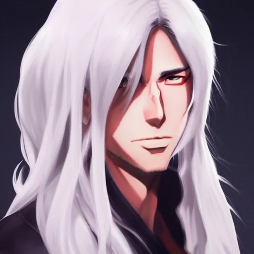 Image similar to buffed guy, long white hair, horns, red eye makeup, style of makoto shinkai and artgerm and loish, dynamic lighting trending on artstation