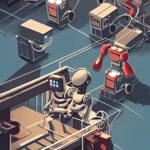 Image similar to a beautiful highly detailed vector illustration close up of a boxing match with robots in a factory, punk styling by atey ghailan, cliff chiang, loish and goro fujita, silver, silver, brown, black, blue and cyan tones, featured on artstation, featured on behance, grunge aesthetic