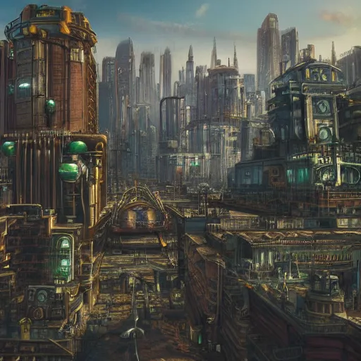 Image similar to Landscape imagery of a steampunk mega city, a viewpoint from the city street, 8k realism, photorealistic imagery