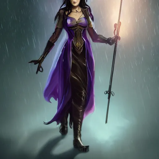 Image similar to a woman in a purple dress holding a staff and dark magic, storm and rain behind her, action scene, magical concept art, artstation contest winner, fantasy art, dark and mysterious, artstation hd, 1 2 0 mm lens, hero pose, detailed, 8 k, digital art