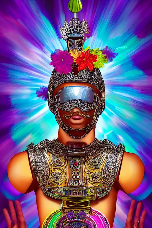 Image similar to colorful retrofuturistic digital airbrush illustration of a knight wearing an ornate chrome headpiece and holding a flower with a landscape and sky in the background by luigi patrignani