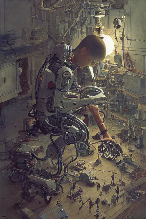 Prompt: a boy fixing his robot, part by Norman Rockwell, part by Greg Rutkowski , part by Mattias Adolfsson, high angle, intricate, detailed, (((volumetric lighting))), oil on canvas