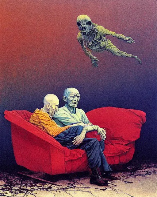 Image similar to early color photo of an old dead couple sitting on a couch in an old soviet apartment and looking at the scared enlightened boy flying up in sky, Beksinski impasto painting, part by Adrian Ghenie and Gerhard Richter. art by Takato Yamamoto, masterpiece