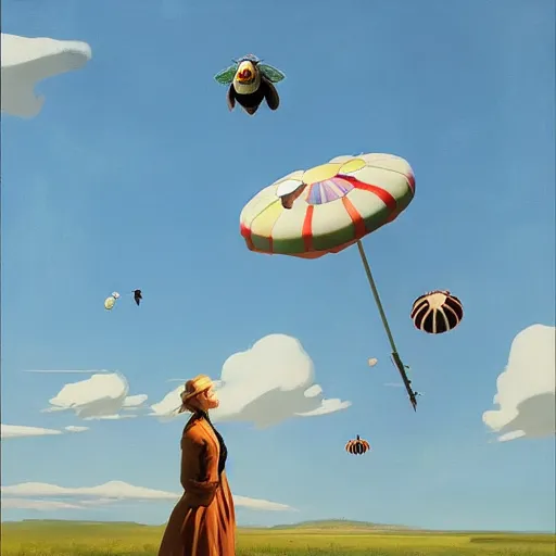 Image similar to Giant insects fly through the air, as a tornado approaches, by Takashi Murakami, Edward Hopper, Bo Bartlett, and Cynthia Sheppard, Artstation