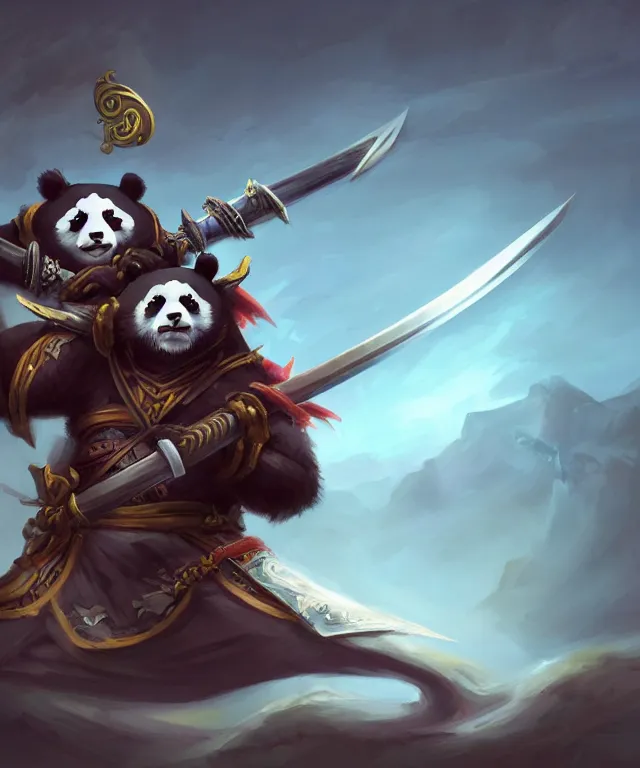 Image similar to a portrait an anthropomorphic panda samurai holding a katana, wearing armor with spiked shoulders, landscape in background, dnd character art portrait, world of warcraft style, by peter mohrbacher, cinematic lighting