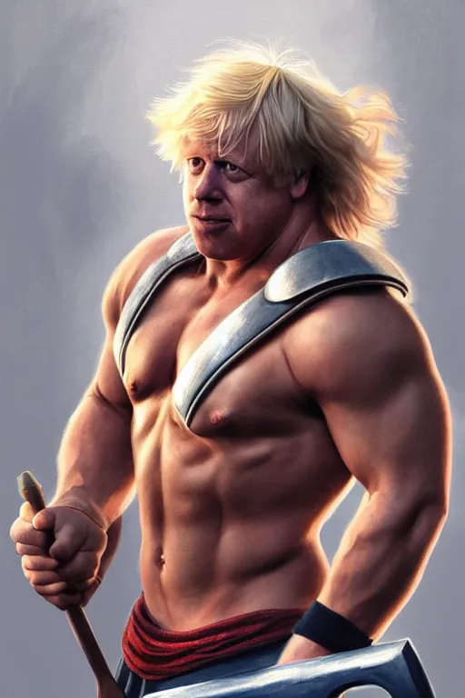 Image similar to Boris Johnson as Thor bodybuilder with hammer, Boris Johnson hairstyle, full body realistic portrait, highly detailed, muscular body, digital painting, artstation, concept art, smooth, sharp focus, illustration, cinematic lighting, art by artgerm and greg rutkowski and alphonse mucha