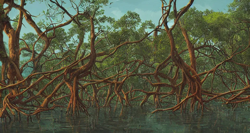 Prompt: A fantastic mangrove, by simon stalenhag