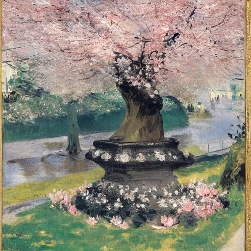 Prompt: ultradetailed ornamental shrine surrounded by cherry blossom trees, wet and rainy, painting by edouard manet