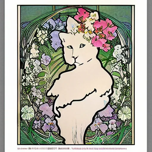 Prompt: bust of white short haired cat, surrounded by flowers, Alphonse mucha, art nouveau, poster art, beautiful art nouveau advertisement