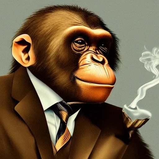 Image similar to a high detail portrait of a chimp wearing a suit 👔,and smoking🚬