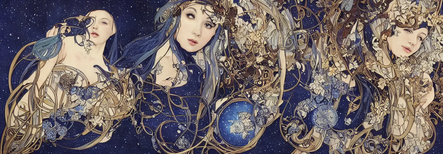 Prompt: cloaked dark winter night, awardwinning art by sana takeda and artgerm and alphonse mucha and rubens, concept art, maiden and fool and crone, futuristic math, astronomical star constellations and watch gears, traditional moon, candle, tattoo, ultramarine blue and gold, intricate stained glass,