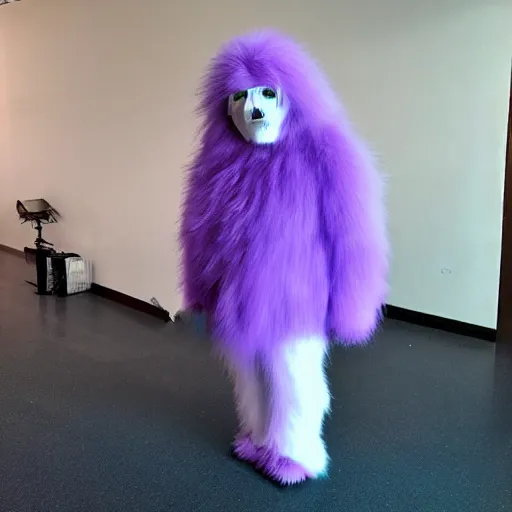 Image similar to A photo of a white fur monster standing in a purple room