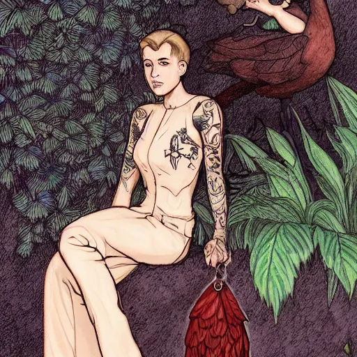 Image similar to modest short - haired tattooed heroic stoic handsome muscular blonde butch tomboy woman engineer in jumpsuit standing beside dark fae feathered modest gothic jennifer connelly in long dress, standing together in a beautiful lush garden at night, in love, highly detailed, trending on art station, illustration, oil painting, mignola, mucha, comic book