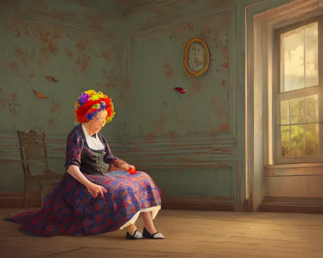 Image similar to an innocent and beautiful scene in hyper realistic style, about an old and lonely woman painting a huge colorful fish on the wall, and modeling a victorian dress. a huge and colorful fish sits on her head. 4 k. wide angle. wild. red mouth, blue eyes. deep focus, lovely scene. ambient occlusion render. unreal engine.