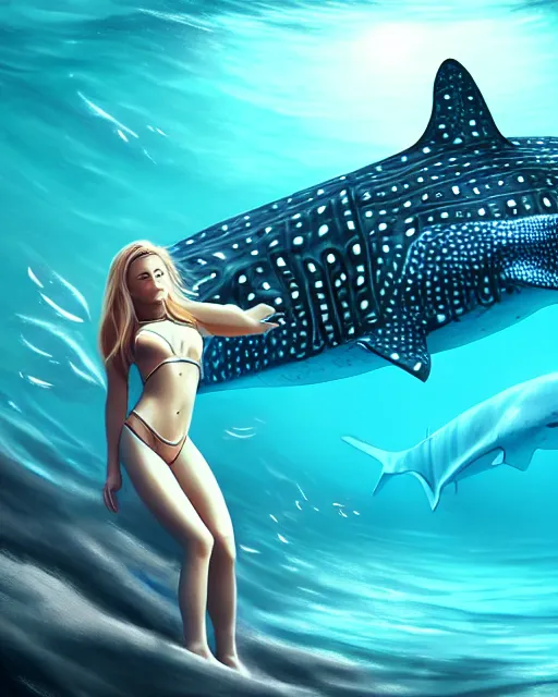 Image similar to whale shark and beautiful girl, radiant lighting, cinematic, artstation