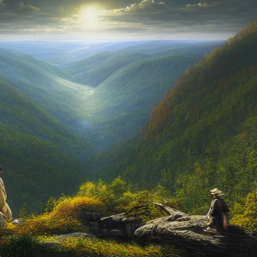 Image similar to a beautiful and highly detailed matte painting of the the appalachian mountains, intricate details, epic scale, insanely complex, 8 k, sharp focus, hyperrealism, very realistic, by caspar friedrich, greg rutowski, james gurney, zeen chin,