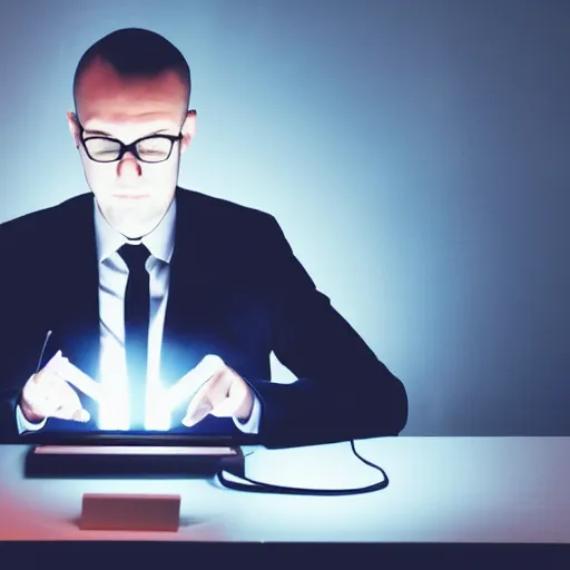 Prompt: During the night, man alone in black suit on computer illuminated only by the light of the computer screen, dark