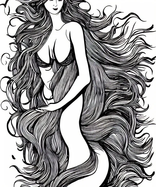 Image similar to black and white illustration, creative design, beautiful mermaid, full body, flowing hair