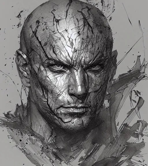Image similar to portrait of strong bald man with burn scars in scale armor, pen and ink, intricate line drawings, by craig mullins, ruan jia, kentaro miura, greg rutkowski, loundraw