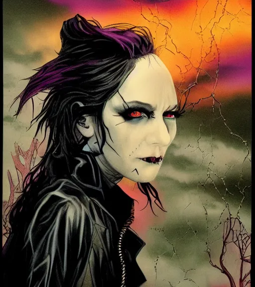 Image similar to A portrait of the character, Death, a young Goth girl wearing a black vest, Vertigo Comics, The Sandman written by Neil Gaiman, against a stormy purple sky