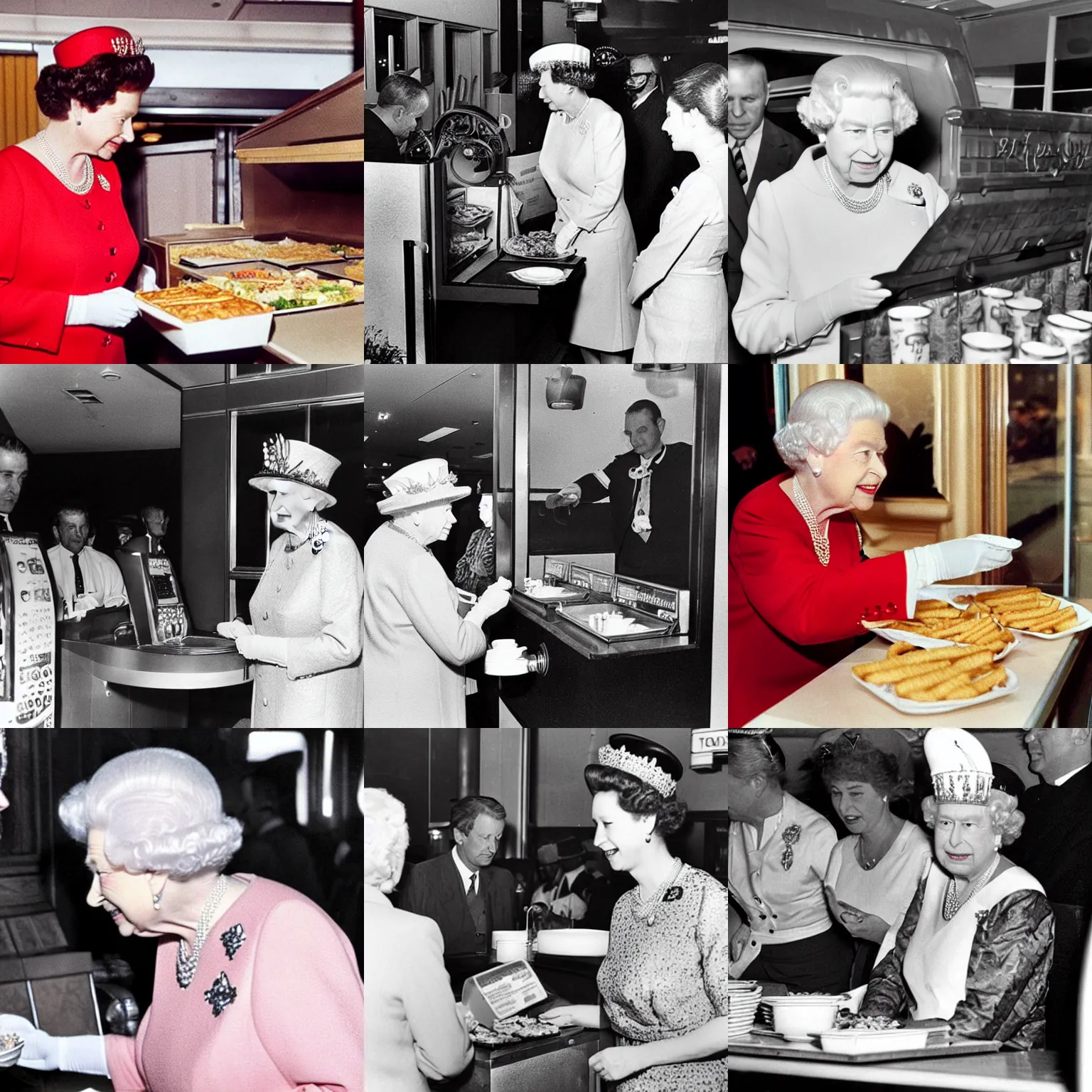 Prompt: Queen Elizabeth II ordering food at a fast food restaurant