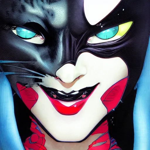 Image similar to prompt : portrait of cat women from batman soft light painted by james jean and katsuhiro otomo and erik jones, inspired by akira anime, smooth face feature, intricate oil painting, high detail illustration, sharp high detail, manga and anime 1 9 9 9