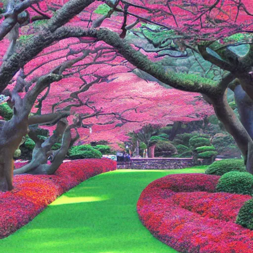 Image similar to an artwork of a landscape of japanese park
