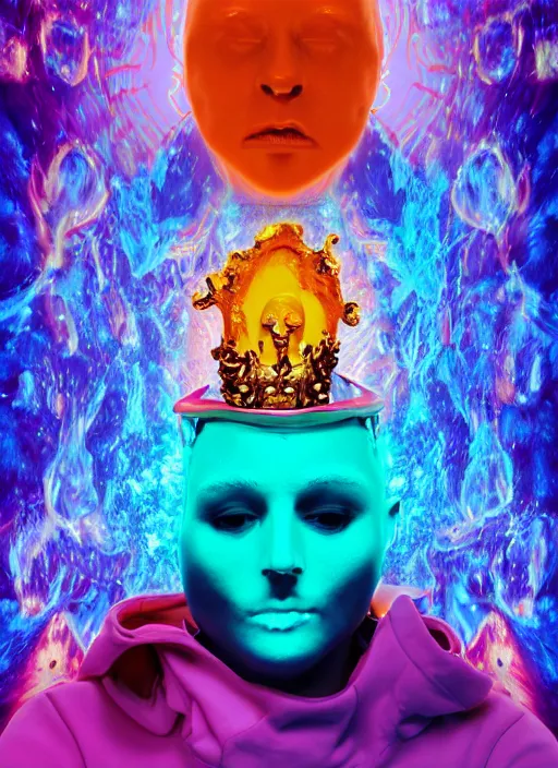 Prompt: photo of fullbodied baroque and bladerunner neon drippy tar sculpture of seductive ceramic albino ceramic prince anwar hadid dotado lavendar iridescent humanoid deity wearing orange plastic fluffy hoody holding diamond skull in a blue alien dungeon, reclining, glowing rainbow face, crown of white diamonds, cinematic lighting, photorealistic, octane render 8 k depth of field 3 d