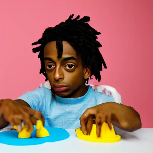 Image similar to playboi carti playing with playdoh, intensely focused