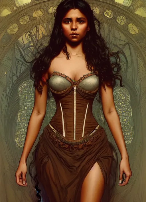 Image similar to cute brown woman wearing a translucent corset dress, fantasy, intricate, highly detailed, digital painting, artstation, concept art, wallpaper, smooth, sharp focus, illustration, art by artgerm and greg rutkowski and alphonse mucha