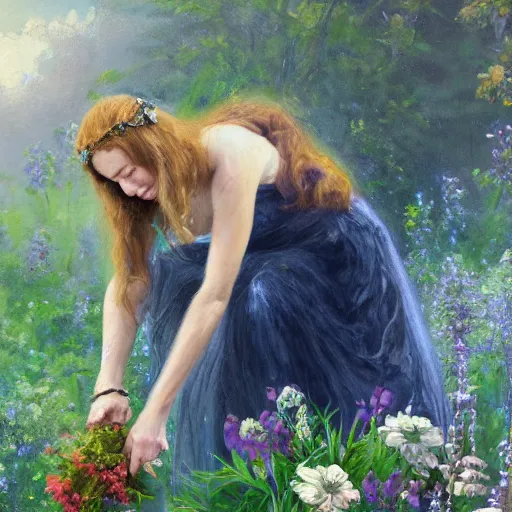 Prompt: a really beautiful oil painting of Circe the witch picking up flowers, detailed, perfect face, HD, realistic