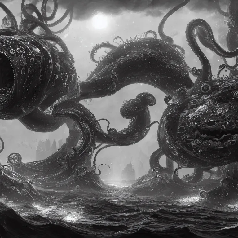 Image similar to black and white, returnal biome, city, technology, sea enemies, extra teeth, tentacles, highly detailed, digital painting, artstation, concept art, sharp focus, illustration, unreal engine 5, 8 k