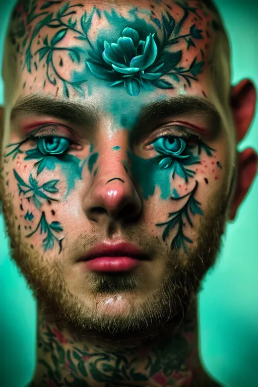 Prompt: neo-surrealist hyper detailed close-up portrait of man covered in rococo flower tattoos matte painting concept art key sage very dramatic dark teal lighting low angle hd 35mm shallow depth of field 8k