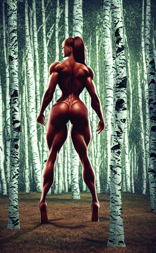 Image similar to photo of superbodybuilder woman posing standing with back in birch forest in jeff koons hip hop bauhaus style, beautiful detailed face, ultra realistic, concept art, intricate details, serious, highly detailed, photorealistic, octane render, 8 k, unreal engine, natural light, art by todd mcfarlane