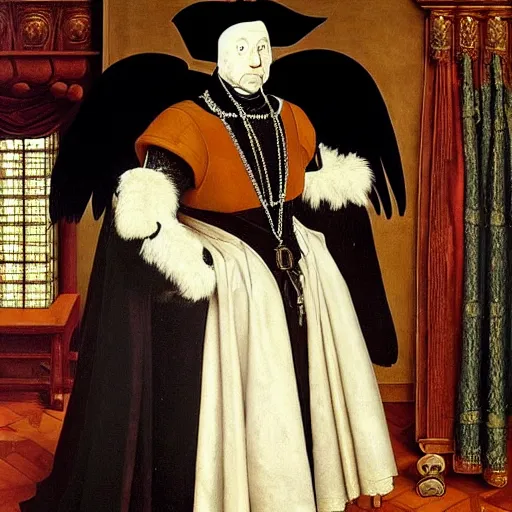 Image similar to a highly detailed painting of a raven dressed as an elegant tudor gentleman, in a richly appointed medieval room, by hans holbein